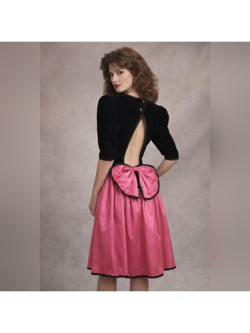 Susan Roselli for Vijack Vintage 1980s Black Velvet & Pink Satin Dress Size 7/8